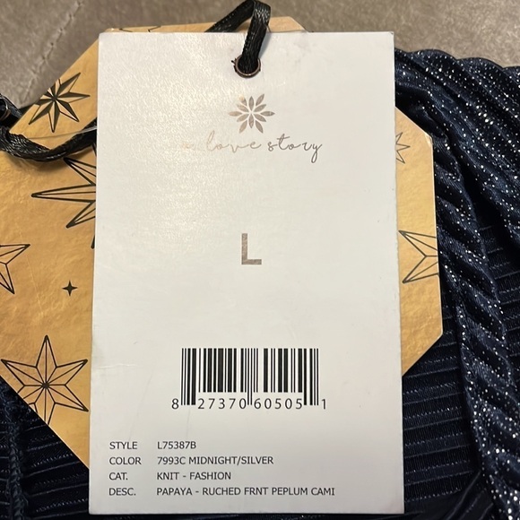 A love story brand navy blue and silver metallic ruched front peplum cami tank - Picture 13 of 14
